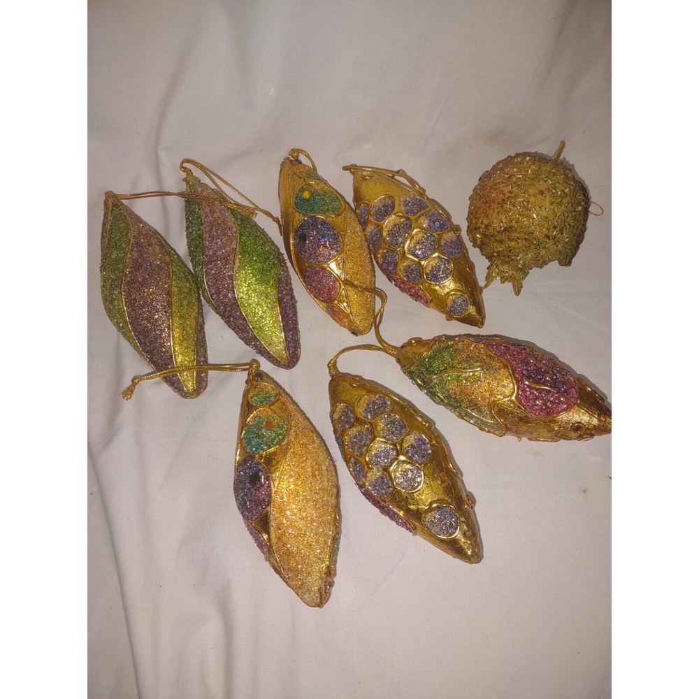VTG 8 Piece Lot Sugared Beaded Christmas Tree Ornaments Gold Multi Color Victori